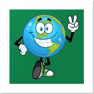 Smiling earth globe cartoon character showing peace hand sign Posters and Art